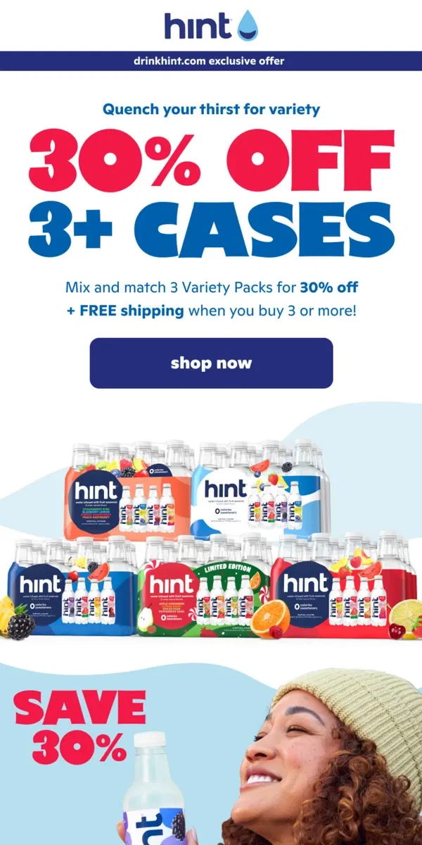 Email from Hint Water. 30% off Variety Packs 🍎🍇🍍🥥