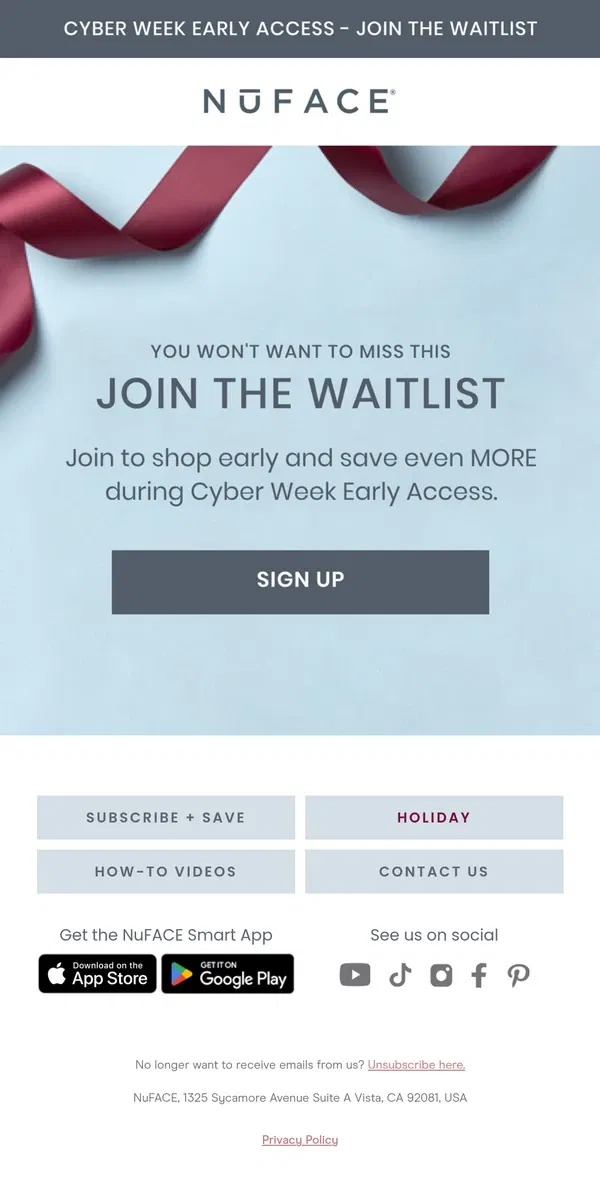 Email from NuFACE. Join the waitlist to shop Cyber Week first.