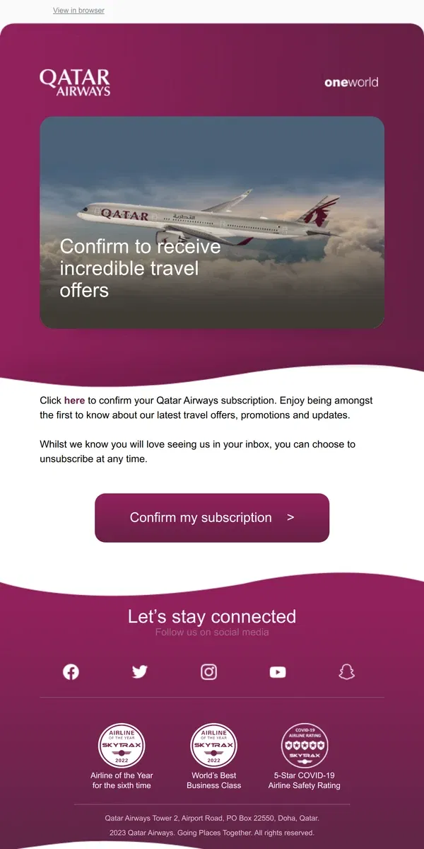 Email from Qatar Airways. You are one click away from amazing travel offers