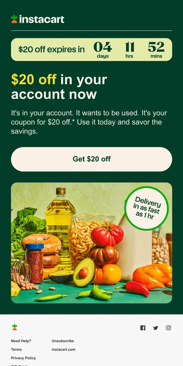 Email from Instacart. Hey [username], your $20 off coupon expires in 4 days