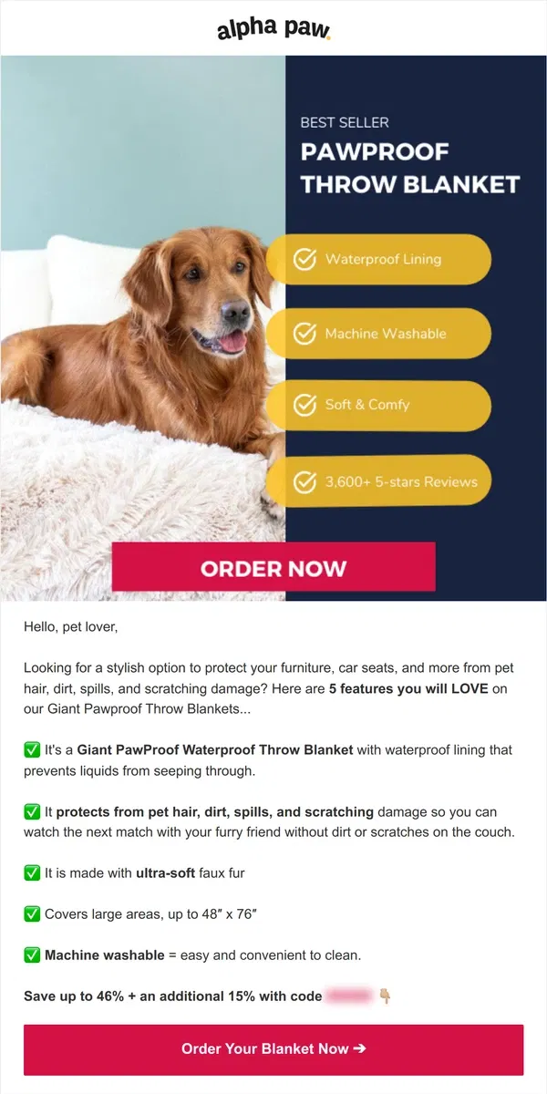 Email from Alpha Paw. 🐶 5 features you will LOVE on our Giant Pawproof Throw Blankets...