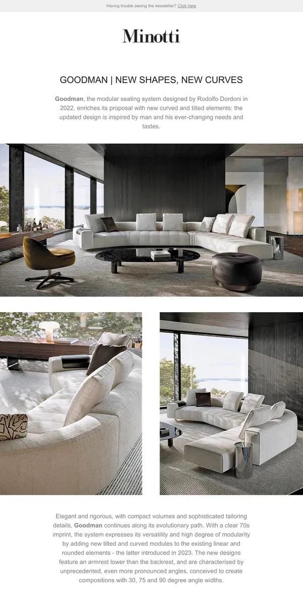 Email from MINOTTI. GOODMAN | NEW SHAPES, NEW CURVES