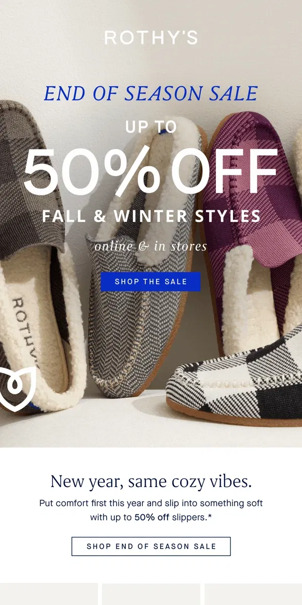 Email from Rothy's. Up to 50% off slippers.