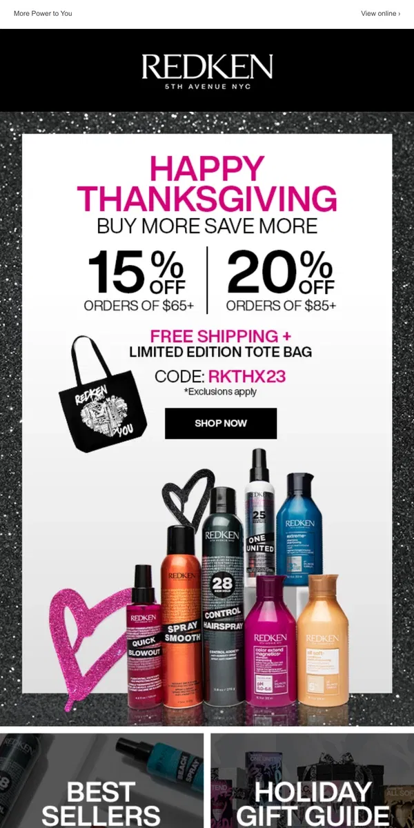 Email from Redken. 🦃Enjoy 20% + Free Tote Bag!  Let’s Give Thanks.