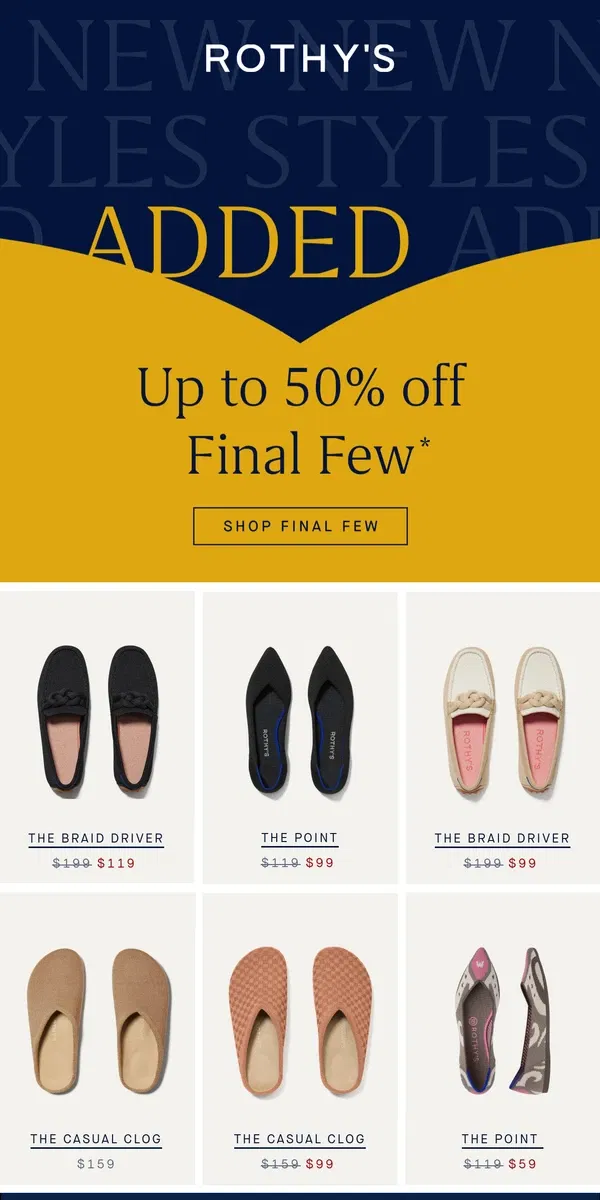 Email from Rothy's. New Final Few styles! Up to 50% OFF.