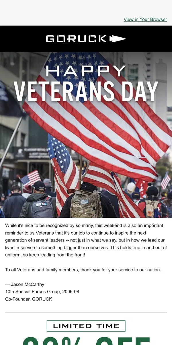 Email from GORUCK. Happy Veterans Day ​​ 🇺🇸