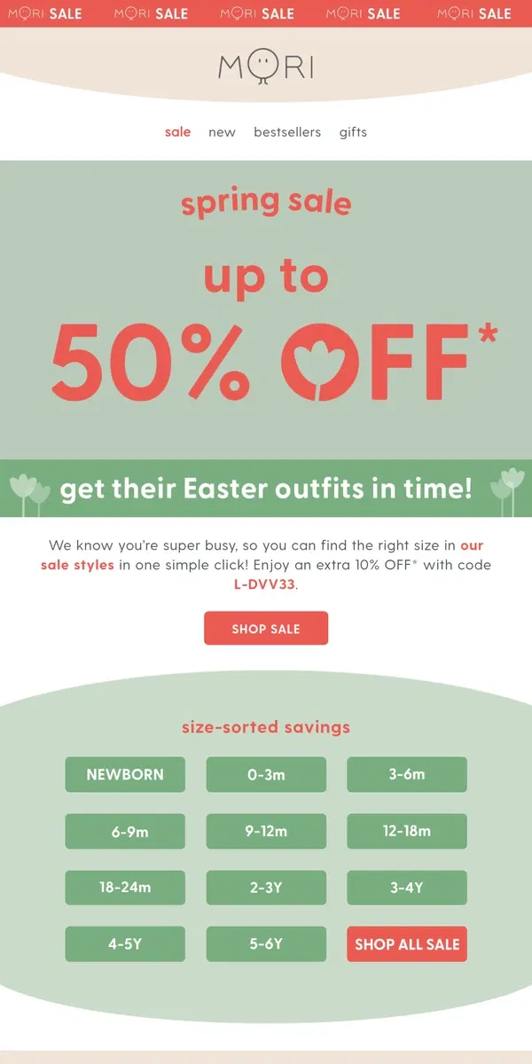 Email from MORI. Busy parents rejoice 🙌 Up to 50% off, sorted by size!