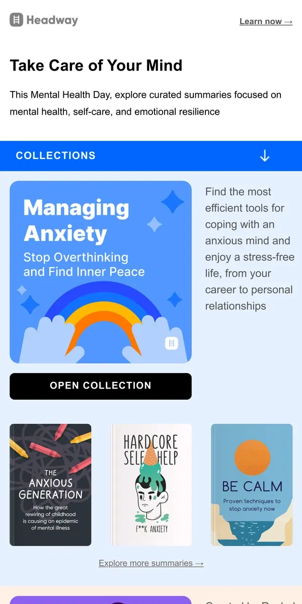 Email from Headway. Prioritize self-care today — discover curated summaries on mental health