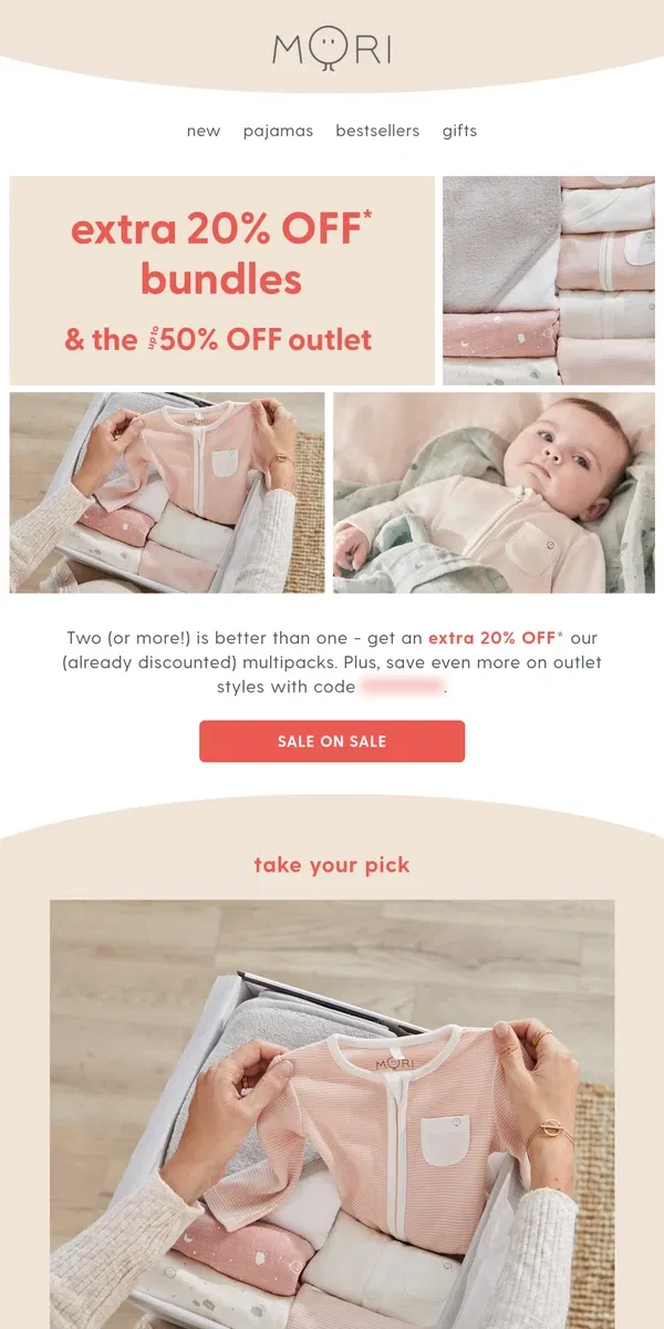 Email from MORI. Extra 20% off multipacks & outlet 🎉