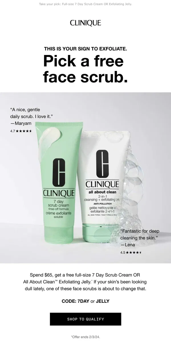 Email from Clinique. THIS for dull skin. Free face scrub 🤩 with $65 order.