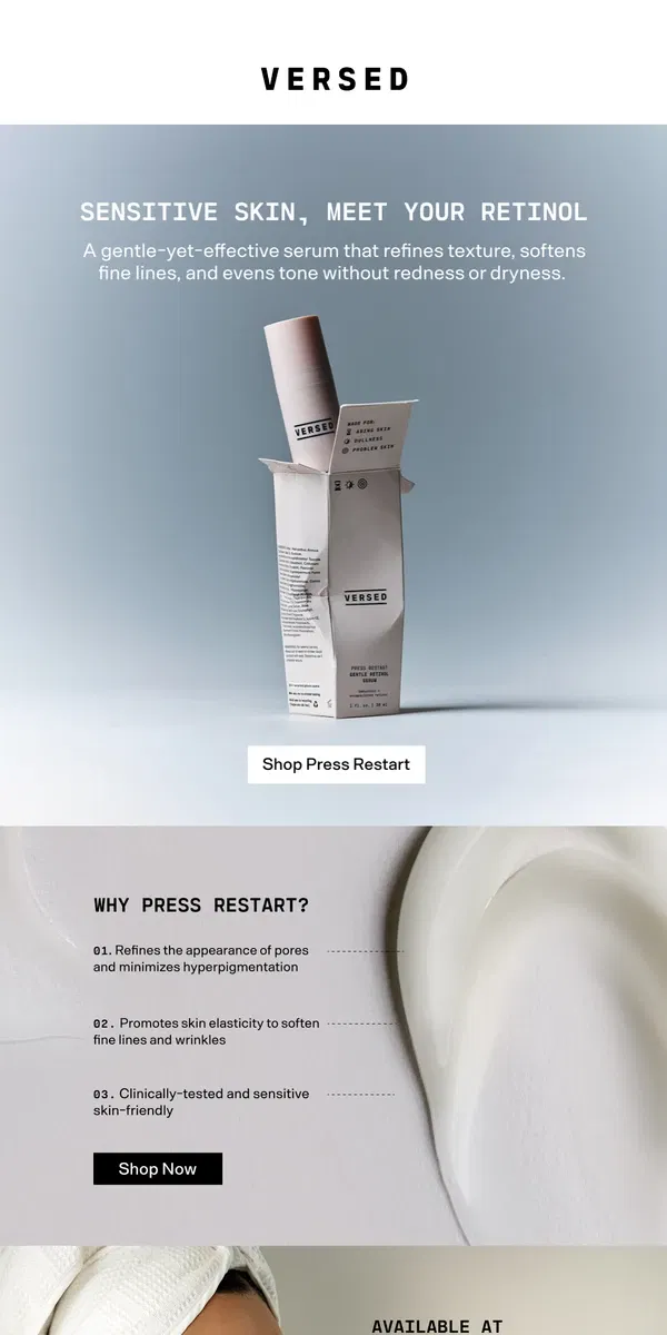 Email from Versed Skin. Sensitive Skin, Meet Your Retinol