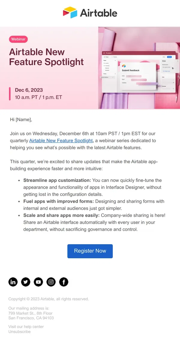 Email from Airtable. Register for our upcoming quarterly new feature webinar