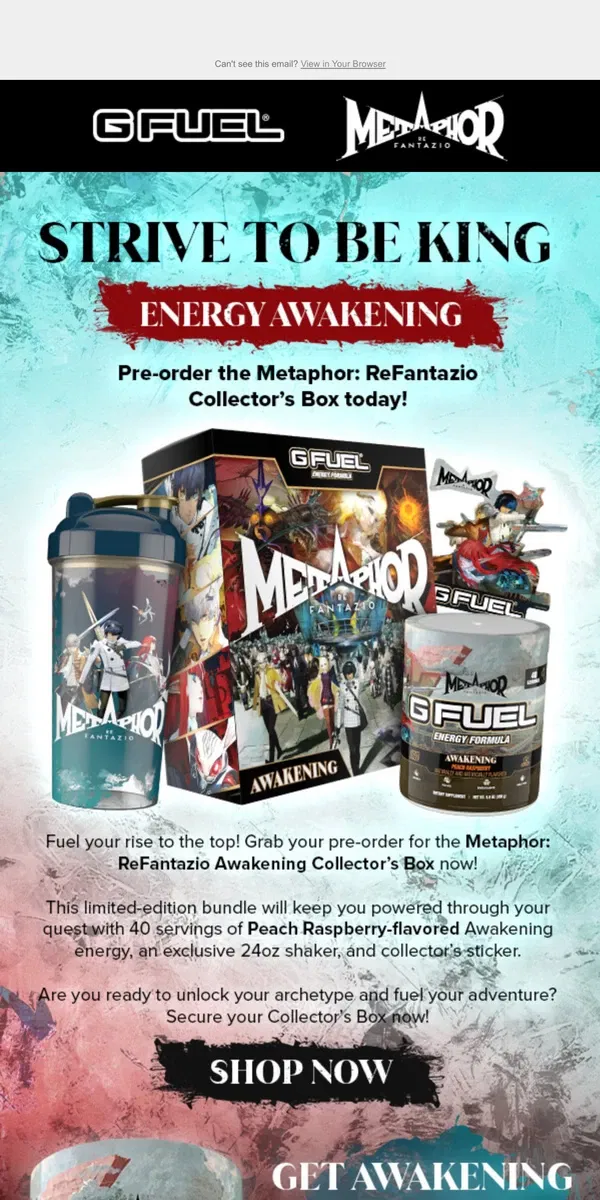 Email from G FUEL. Awaken your energy with our Atlus collab 🔥 Pre-order now!