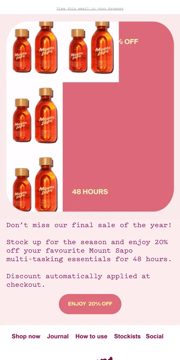 Email from Mount Sapo. Enjoy 20% off!