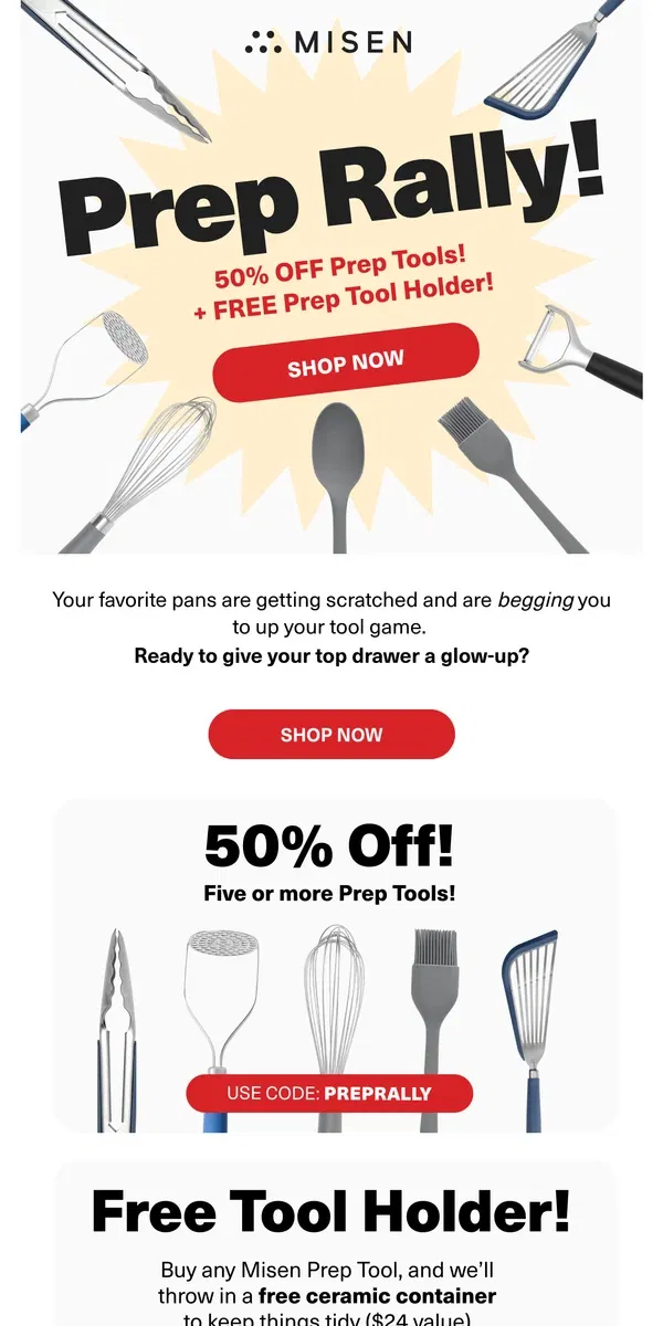 Email from Misen. Prep Rally! 50% Off + Free Holder!