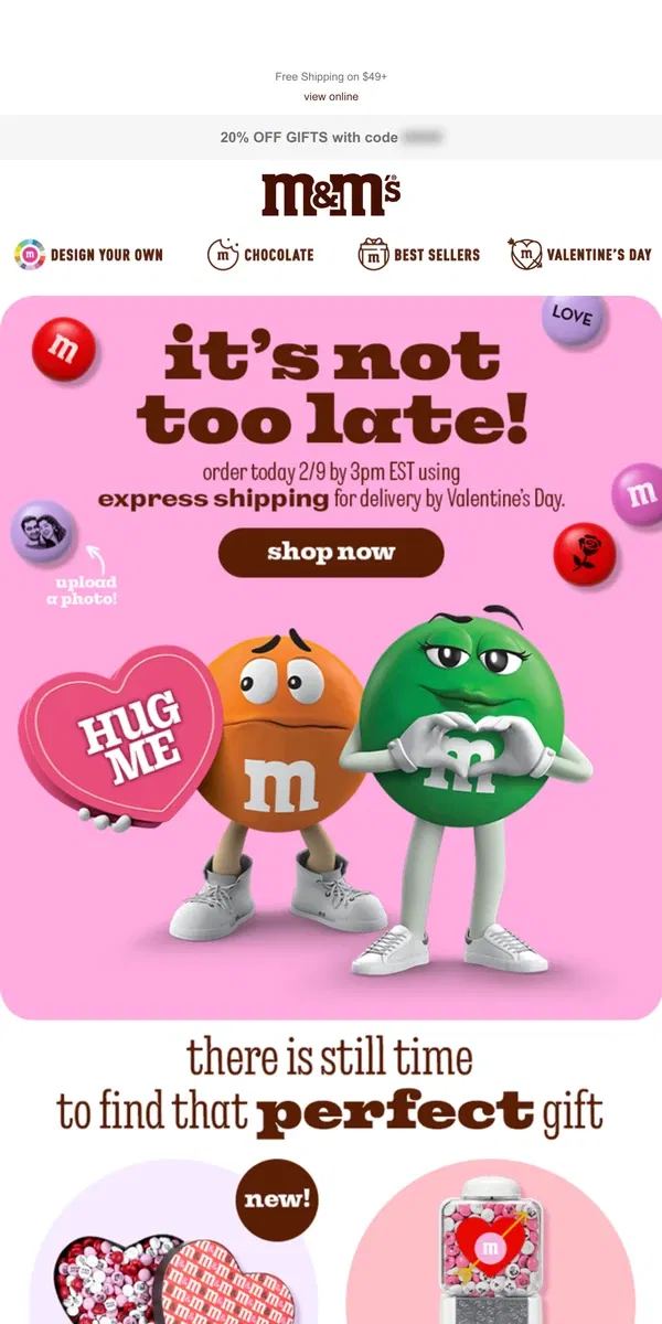 Email from M&M's. 🚚 Express Shipping for Valentine's Day Gifts