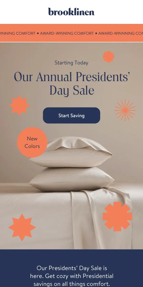 Email from Brooklinen. Our Annual Presidents' Day Sale is Here