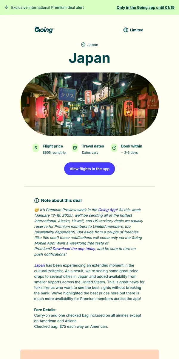 Email from Going. 🤩 *Premium* Japan —  $605 (Jan-Feb / May-Jun / Oct)