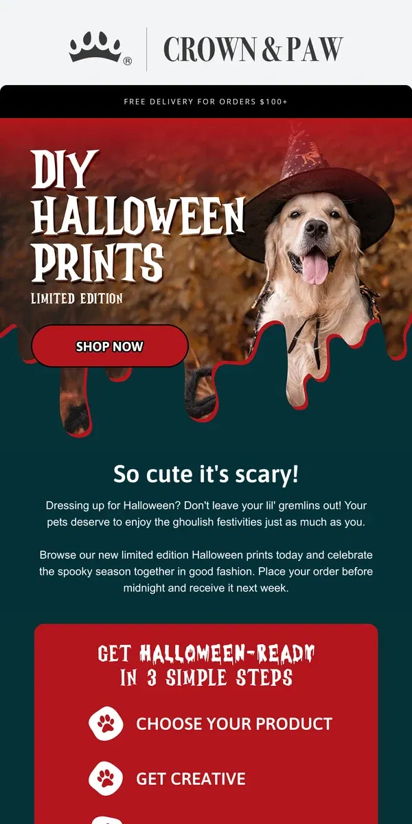 Email from Crown & Paw. Limited Edition Halloween Novelty Gifts 🎃