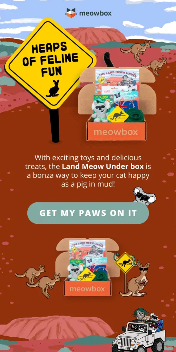 Email from meowbox. Your cat's defo gonna love these Aussie toys 🐨🏄🏽‍♀️