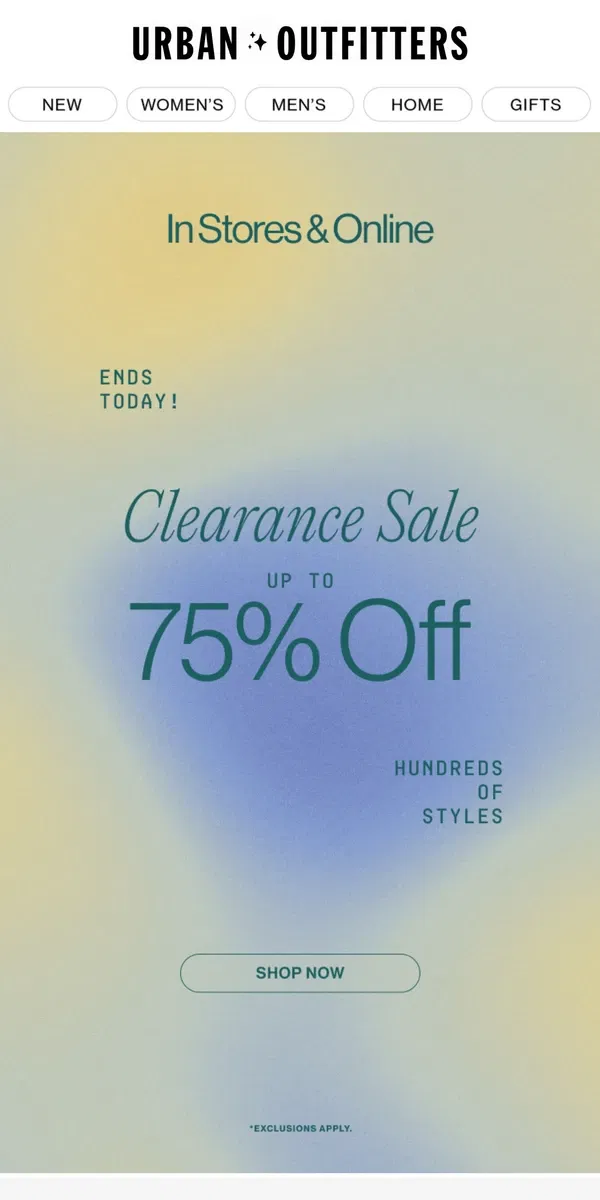 Email from Urban Outfitters. LAST DAY! Up to 75% Off online…