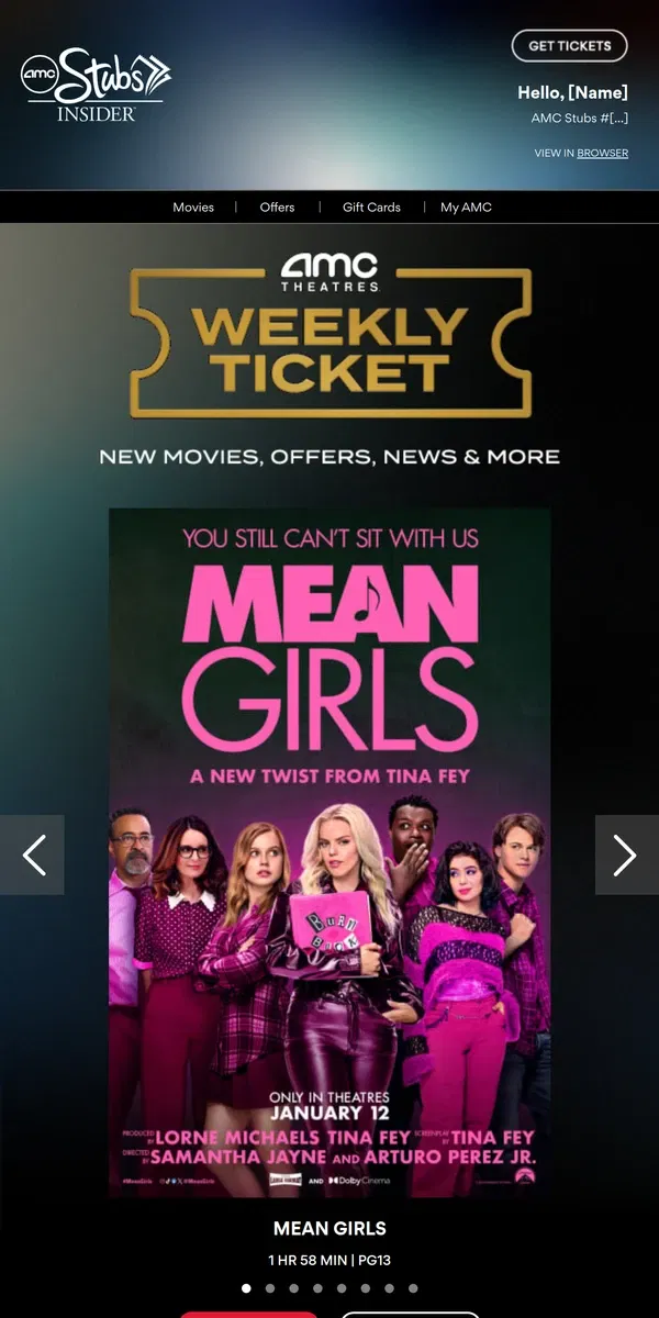 Email from AMC Theatres. [Name], Your Weekly Ticket Is Here