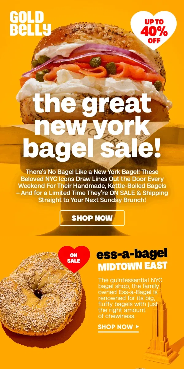 Email from Goldbelly. NYC Bagel SALE – Essa + Kossar’s + Utopia! 🥯