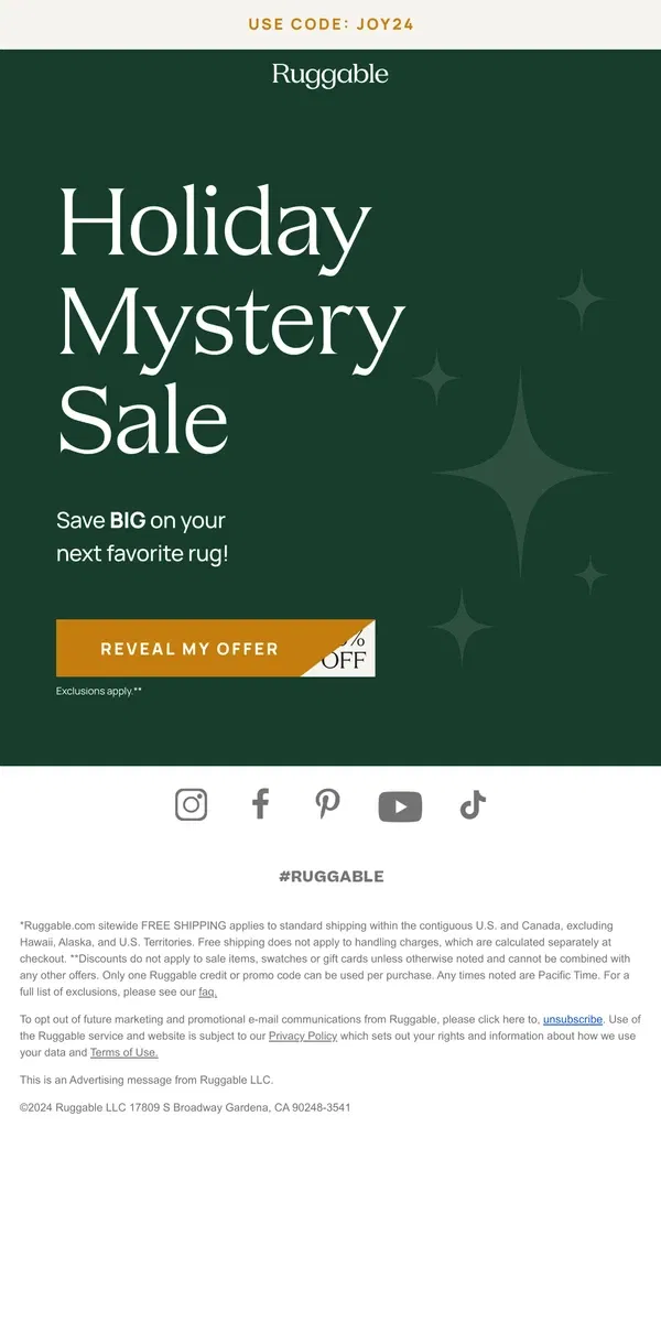 Email from Ruggable. Shh…there's a mystery sale 🤫