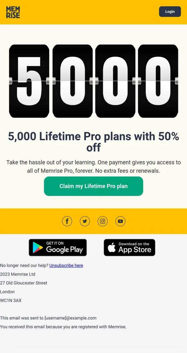 Email from Memrise. 5,000 Lifetime Pro plans at 50% off. Get one while they last.