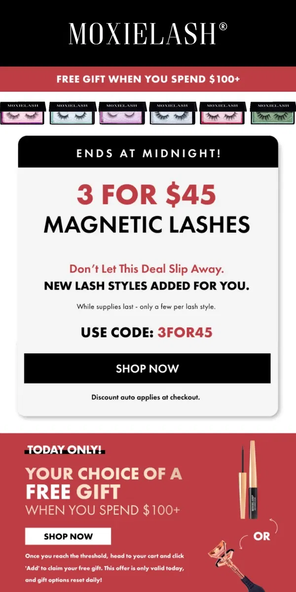 Email from MoxieLash. Buy 3 for $45 today! New magnetic styles added