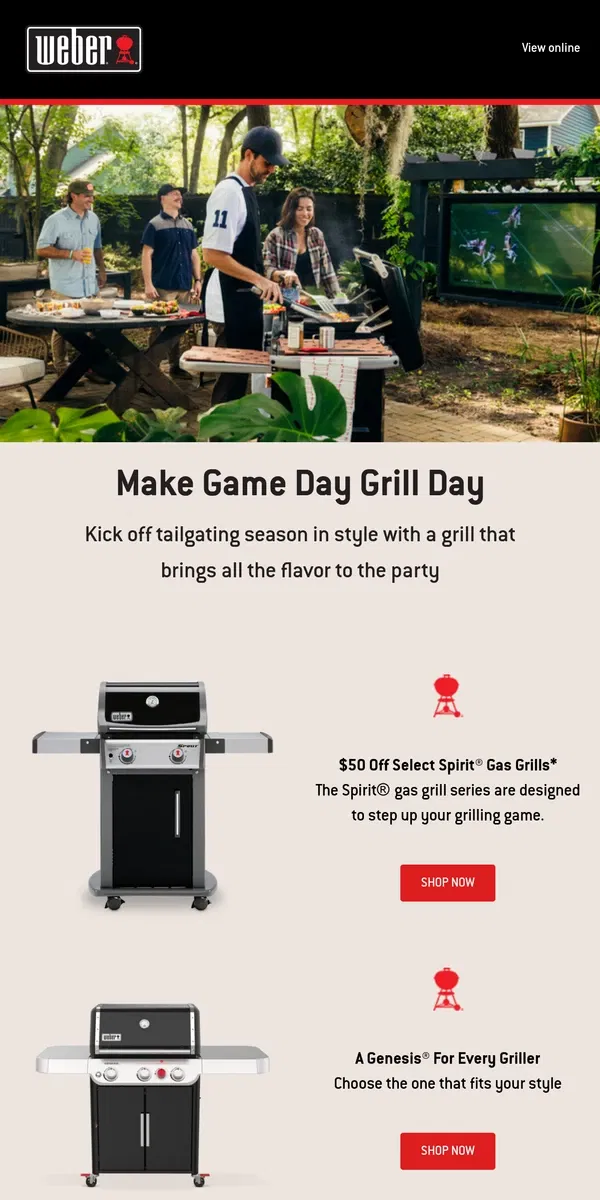 Email from Weber. Grill Your Way to Tailgating Success This Season