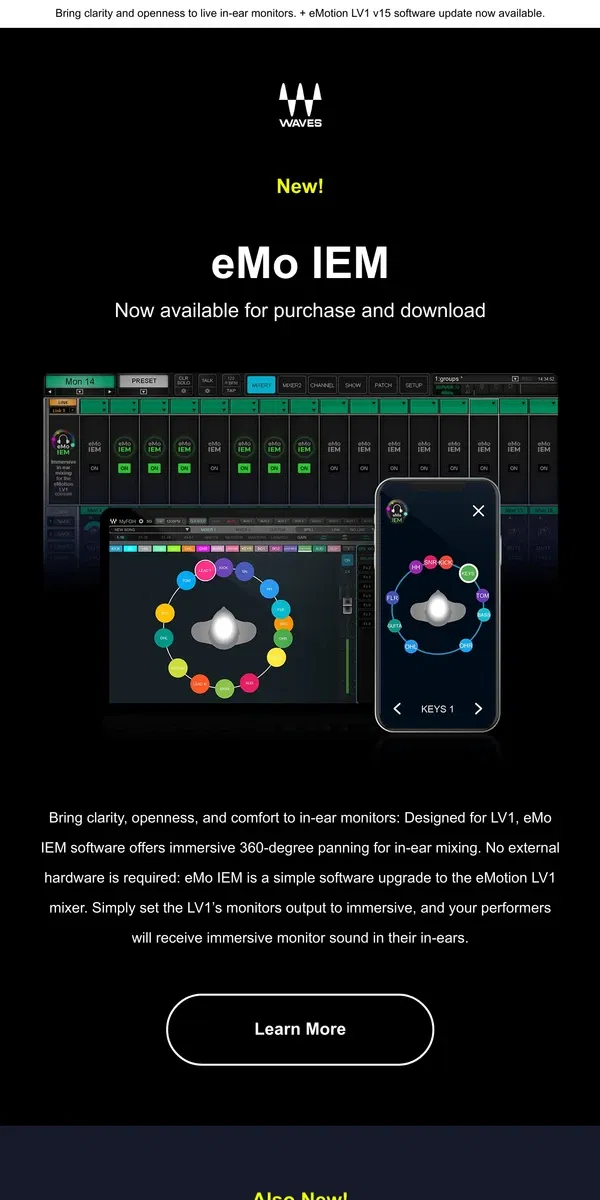 Email from Waves Audio. New! eMo IEM Immersive In-Ear Mixing for LV1 - Now Available for Purchase and Download