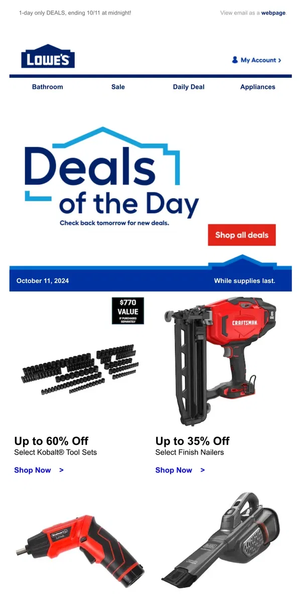 Email from Lowe's. LIMITED TIME deals, just for today.