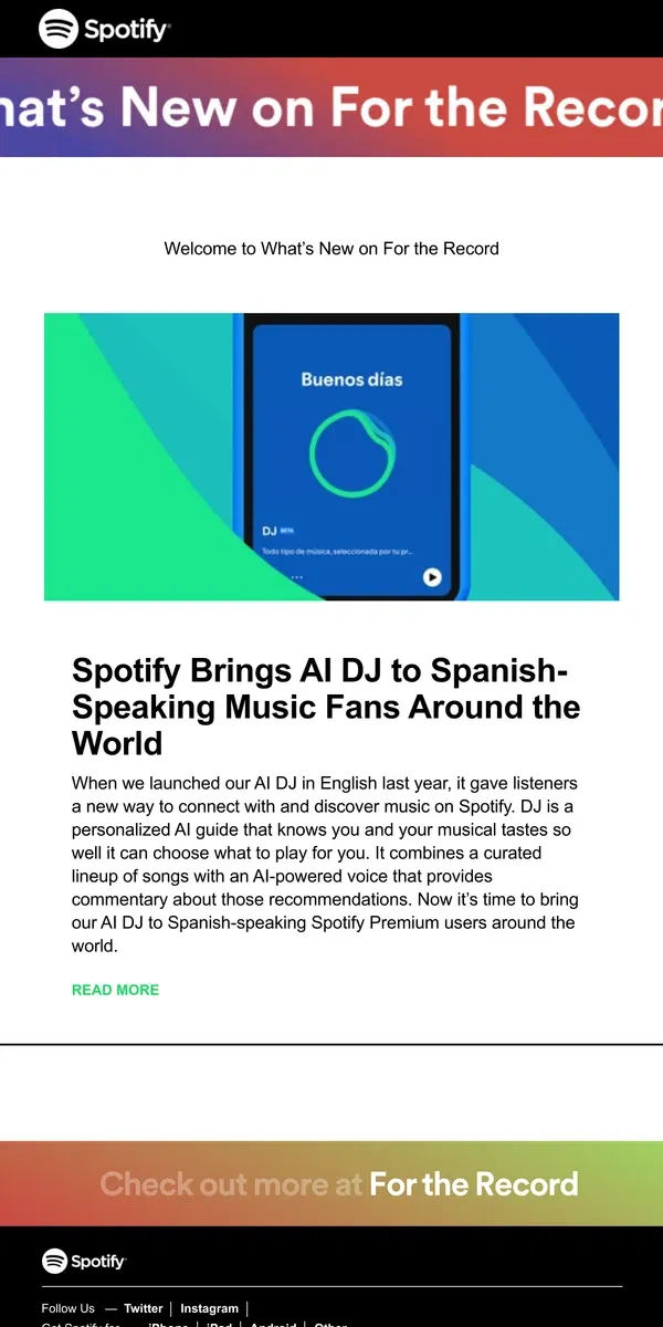 Email from Spotify. Spotify’s AI DJ Is Now Available in Spanish