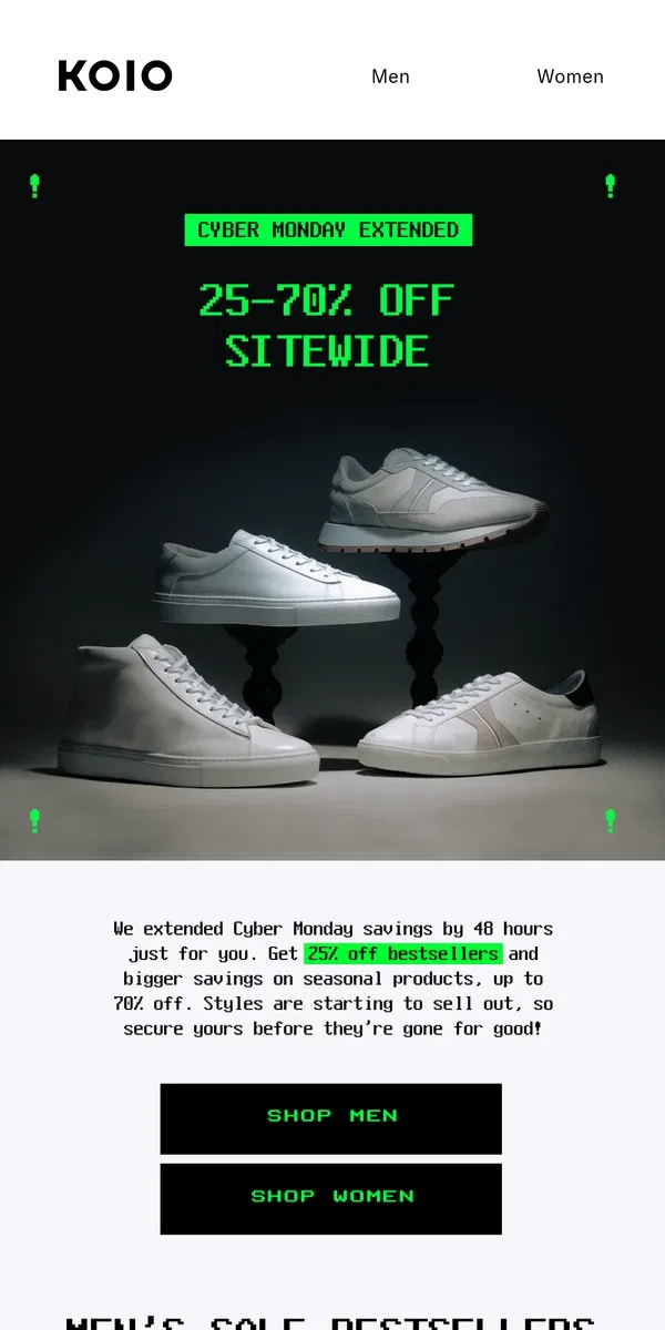 Email from Koio. CYBER MONDAY EXTENDED 48 HOURS