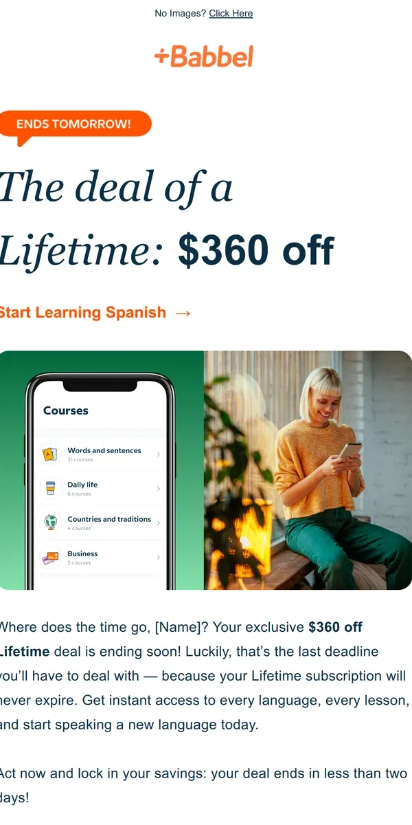 Email from Babbel. ⏰ EXPIRING SOON: Your $360 off deal ends in less than 48 hours.