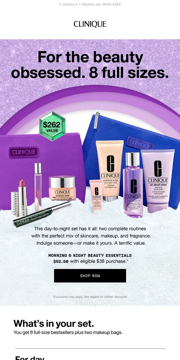 Email from Clinique. ☀️🌙 Day-to-night beauty set 💫 8 full sizes!