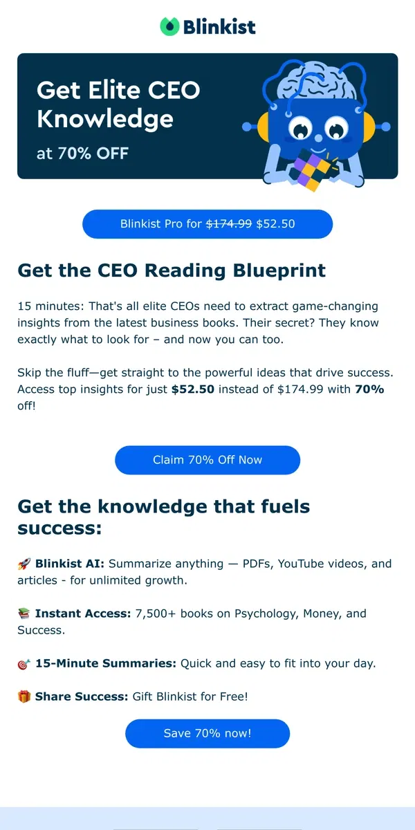 Email from Blinkist. 🚀 70% off: Crack the CEO knowledge code