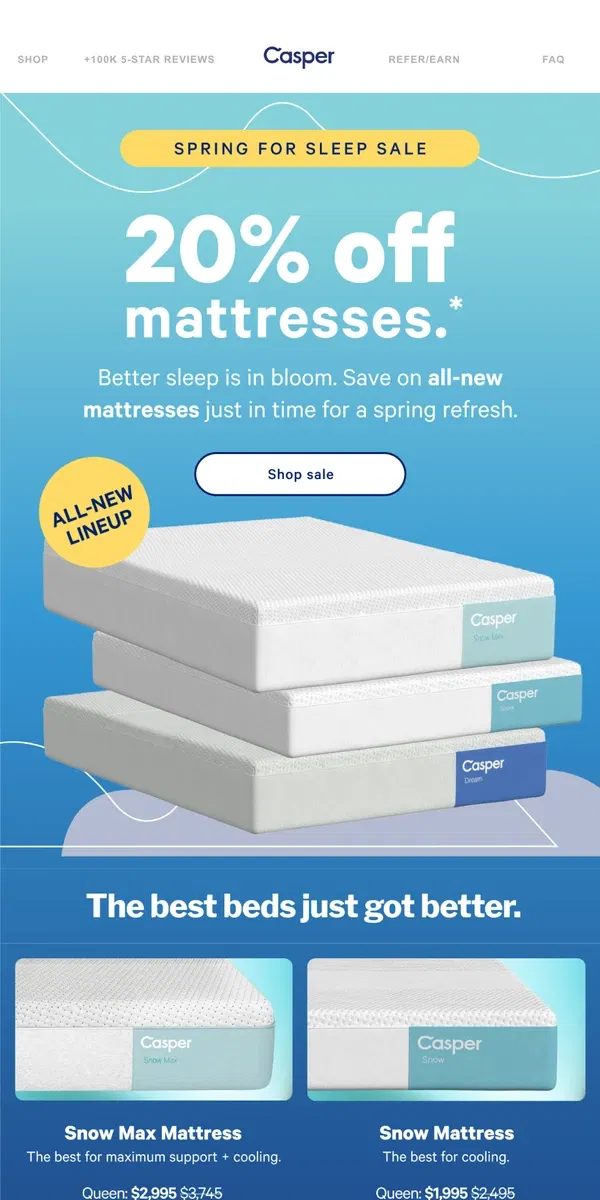 Email from Casper. Spring into better sleep with 20% off mattresses. 🌷