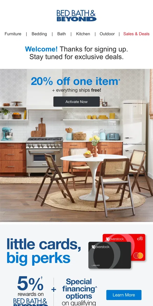 Email from Bed Bath & Beyond. Welcome - Here's your 20% off Coupon