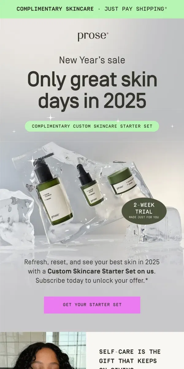 Email from Prose. [Name], get FREE skincare for the new year