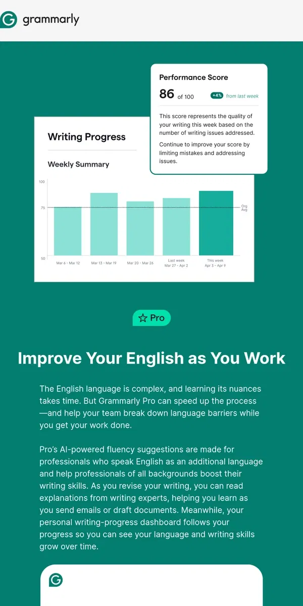 Email from Grammarly. An English-language writing coach at your team’s fingertips