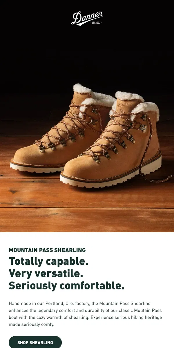 Email from Danner. Warm up to winter with Mountain Pass Shearling