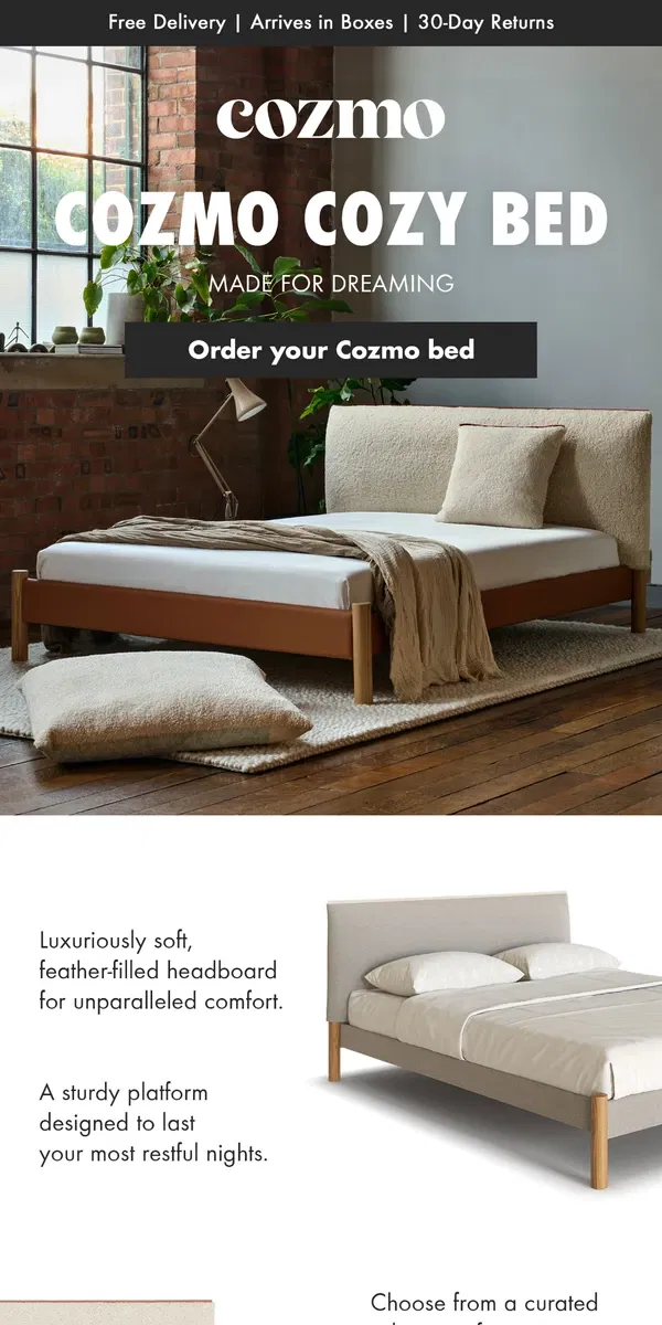 Email from Cozmo Home. Introducing: The Cozmo Cozy Bed