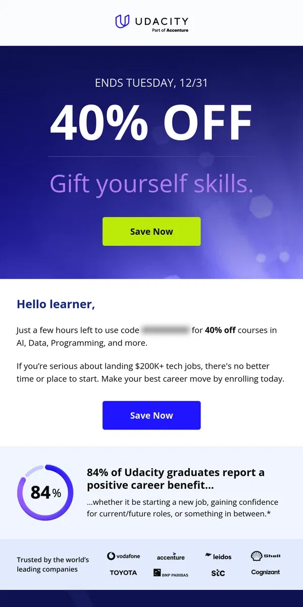 Email from Udacity. ⏰ FINAL HOURS: 40% off your subscription