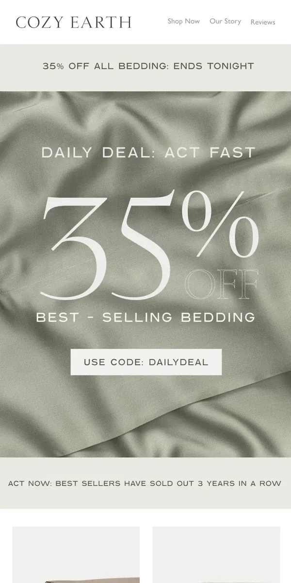 Email from Cozy Earth. Don't Miss 35% off ALL Bedding!