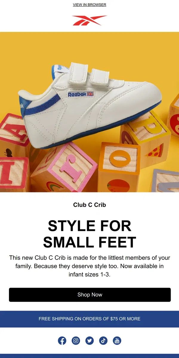 Email from Reebok. New Club C Crib for infants is here