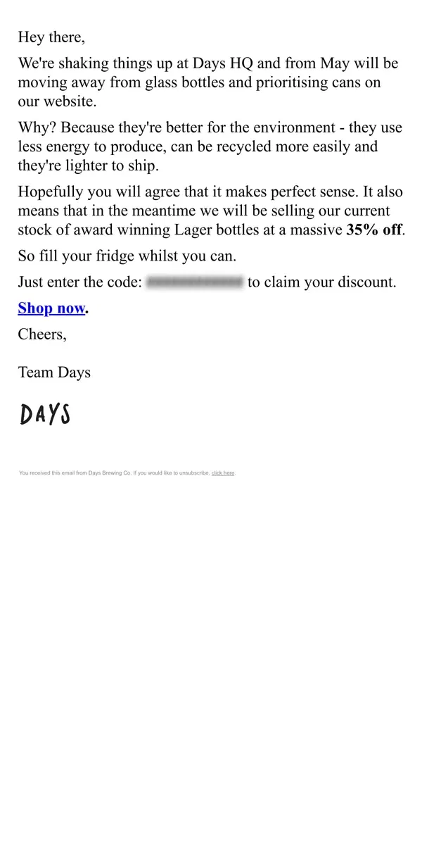 Email from Days Brewing Co. 🔥 35% off Lager bottles