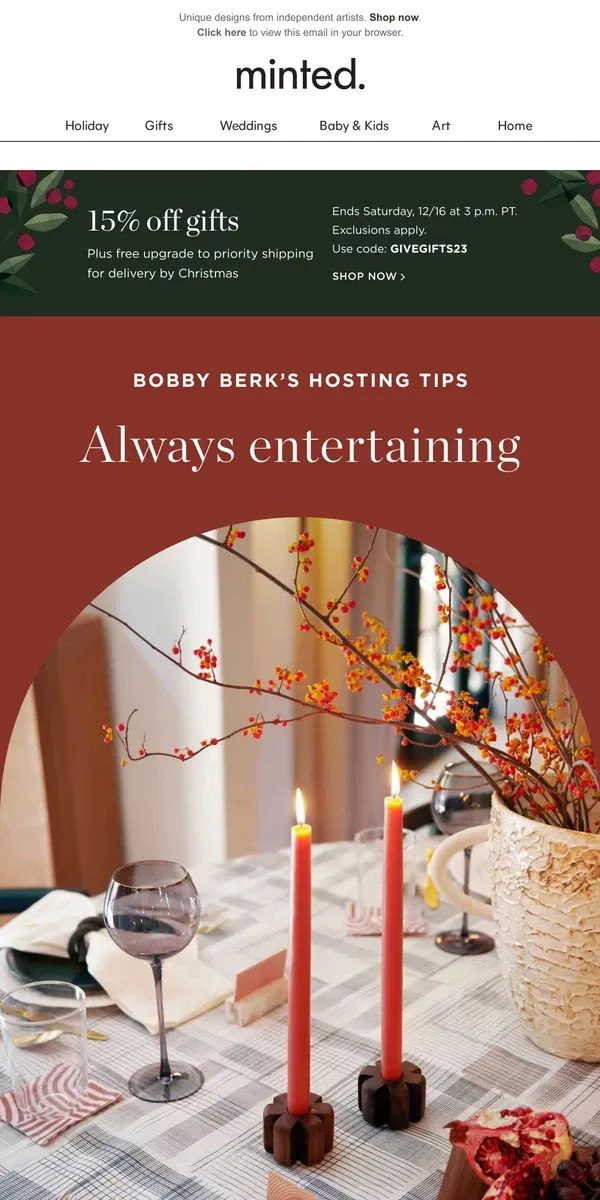 Email from Minted. Bobby Berk’s go-to hosting tips