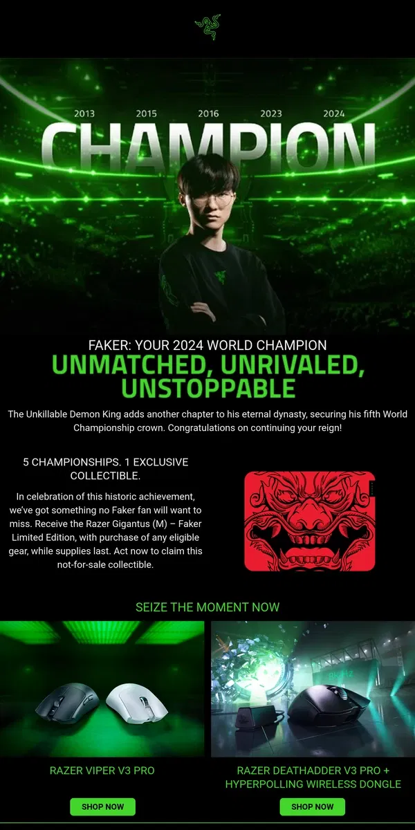 Email from Razer. 🏆Celebrate Faker’s 5th World Championship with His Top Picks